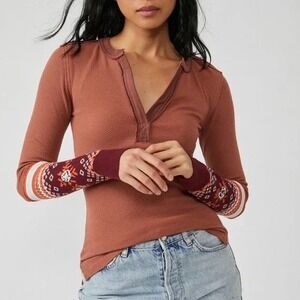 We The Free People Mikah Boho Thermal Long cuff Sleeve Waffle Knit Top Rust XS